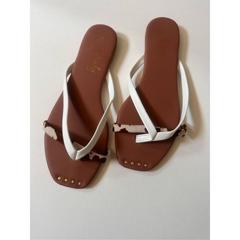 Sheln Hazy Thong Flip Flop Slide Sandal White/Brown Size 7